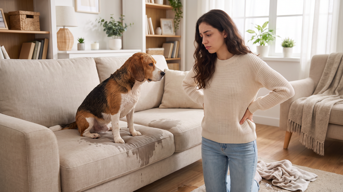 Woman holding her back next to her beagle sitting on the couch, showing wet-dog mess at home