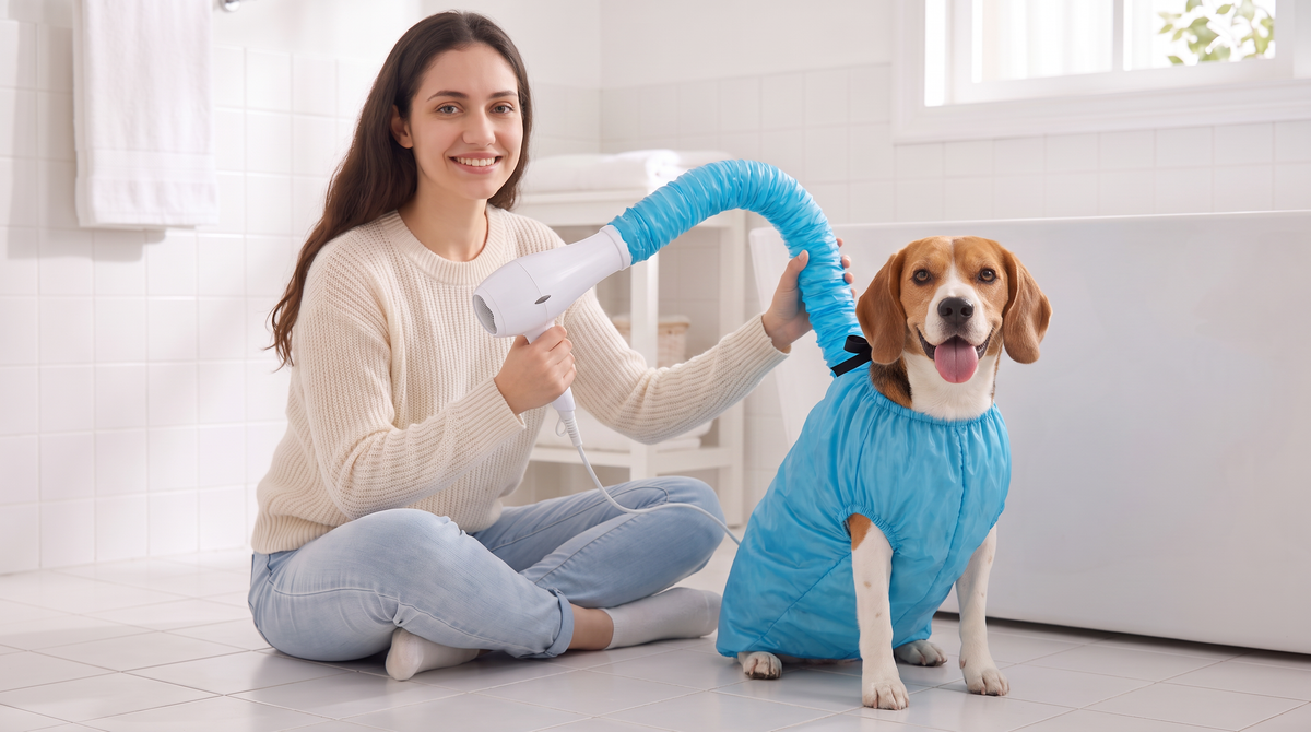 Woman sitting on the bathroom floor holding a hair dryer connected by the fabric hose to the blue hands-free dog drying bag on her happy beagle